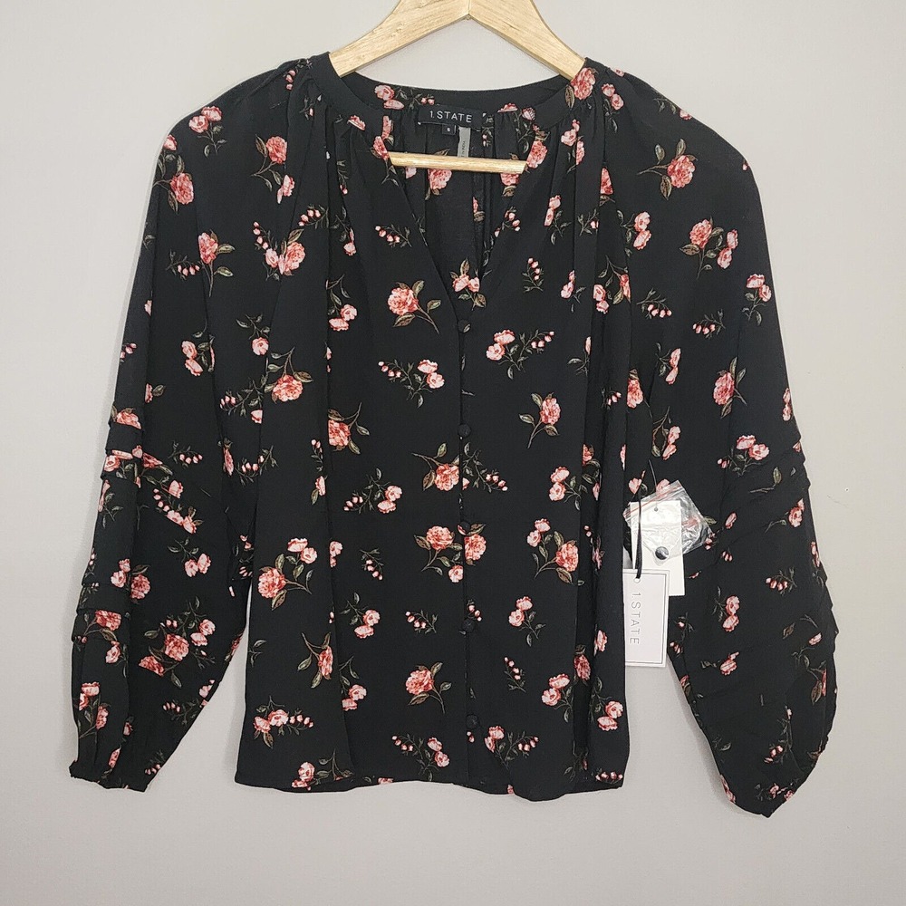 1.STATE Blouse Black Pink Floral Pleated Balloon Sleeve Women Size S‎ NWT